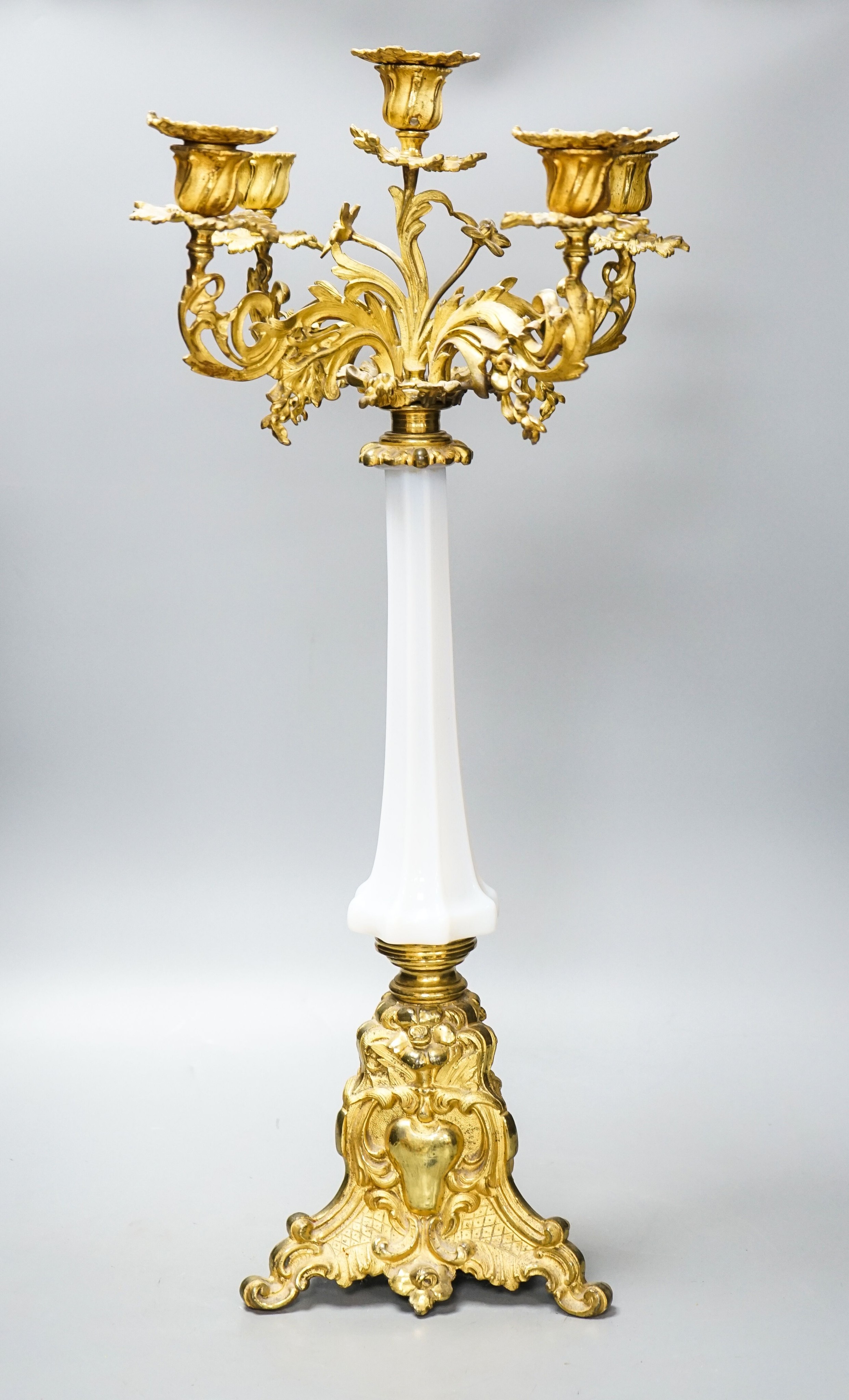 A 19th century ormolu and opaline glass five light candelabrum 63cm